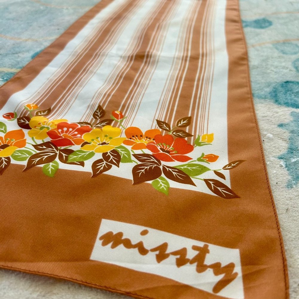 MISSTY Brown White Striped Floral Scarf | Vintage 70s Made in Italy 54"x12"
